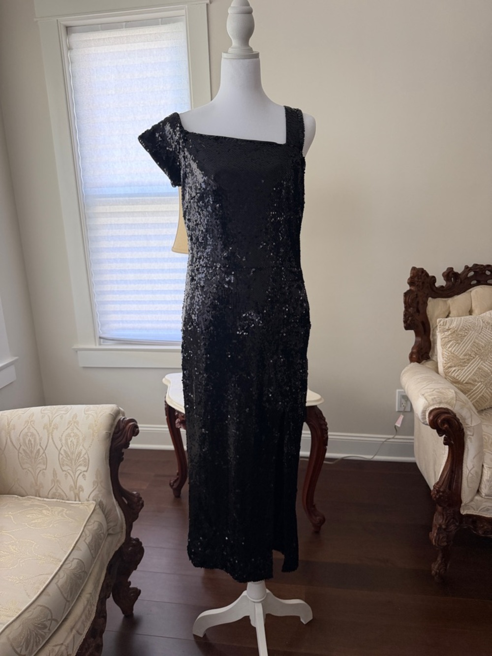 Milly Black Sequin Midi Dress with Asymmetric Neckline